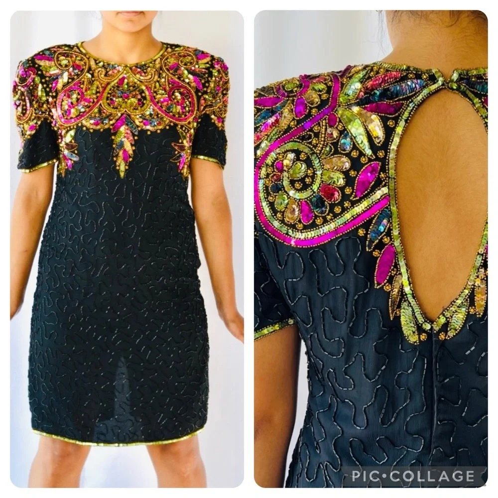 Vintage 80s Lawrence Kazar Embellished multicolor Sequin Cocktail Dress size PL - Picture 1 of 17